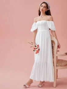 Enchnt Đầm tay phồng trễ vai mùa hè thanh lịch dành cho nữ - trắng - Xem 1