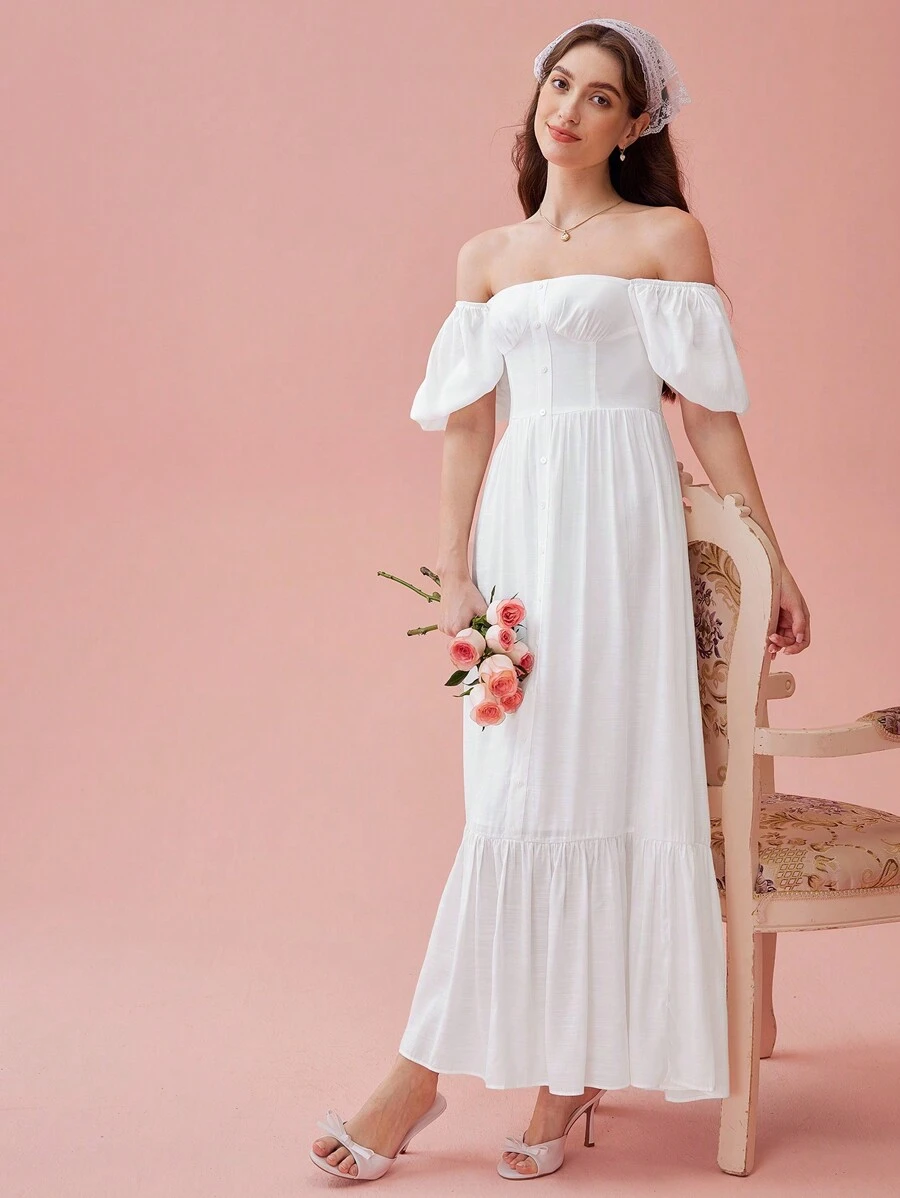 Enchnt Đầm tay phồng trễ vai mùa hè thanh lịch dành cho nữ - trắng - Xem 1