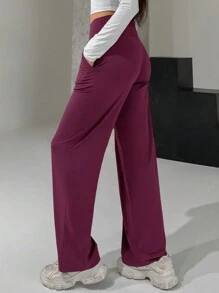 DAZY Pantalones largos para mujer de cintura alta y pierna ancha con diseño cruzado en la cintura - Burdeos - Ver 2