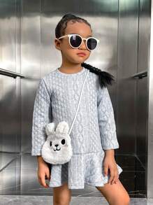 SHEIN Vestido Com Babado E Bainha Frisada De Tricô Para Jovens Com Bolsa
