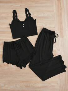 Ladies' Plain And Simple Daily Pajama Set - Black - View 7