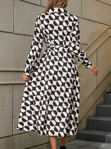 Chiquease 1pc Women V-Neck Long Sleeve Tie Front Geometric Print Dress, Autumn - Multicolor - View 2