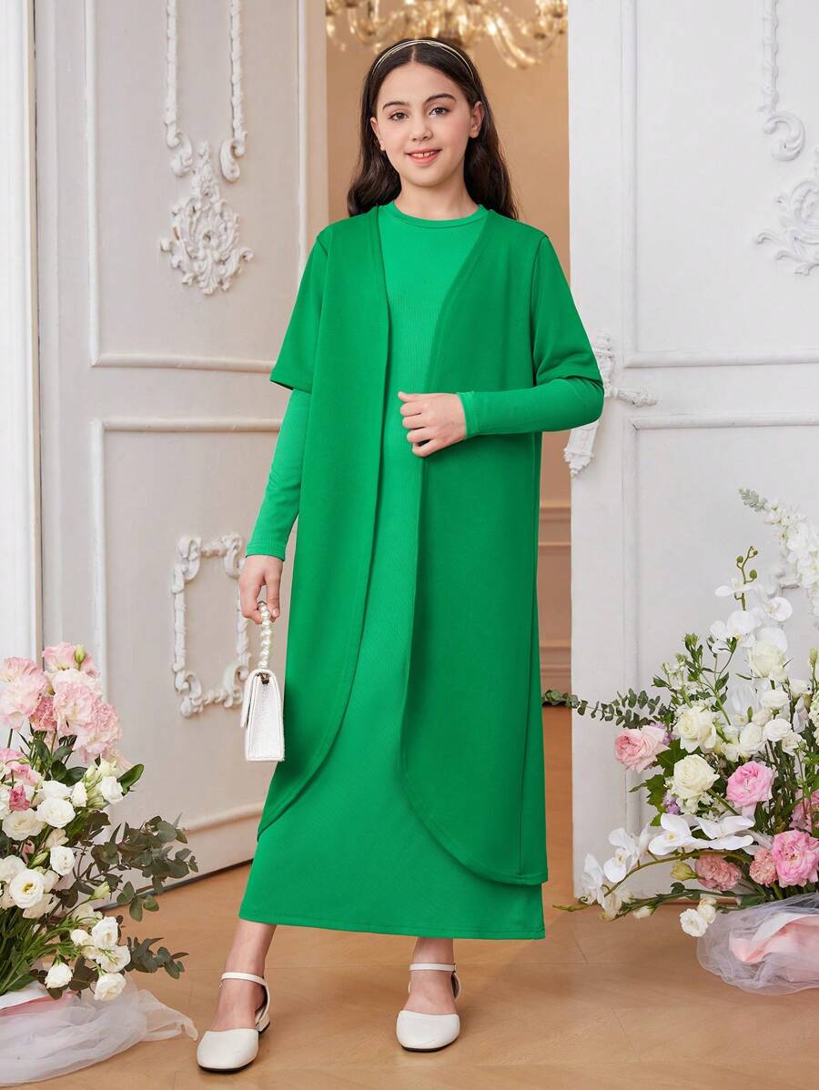 SHEIN Áo len dài tay màu xanh lá cây có áo chui đầu dài tay Đầm dài cổ tròn 2 cái/bộ, trang phục thoải mái cho bé gái Tween cho mùa xuân và mùa thu, có thể mặc trong và ngoài - Màu xanh lá cây đậm - Xem 1