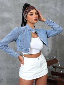 SHEIN EZwear Solid Color Zipper Closure Casual Long Sleeve Denim Jacket - Light Wash - View 1