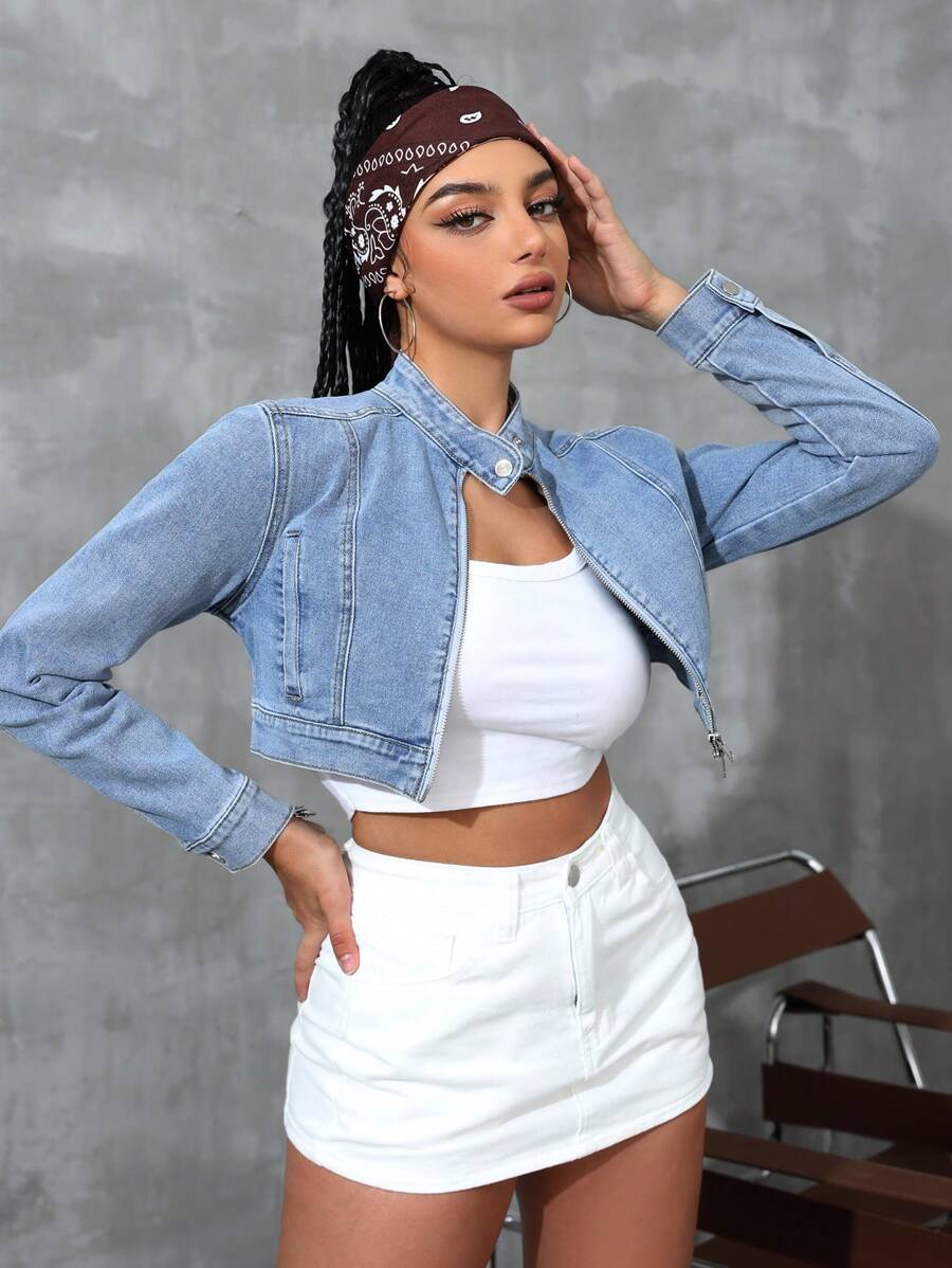 SHEIN EZwear Solid Color Zipper Closure Casual Long Sleeve Denim Jacket - Light Wash - View 1