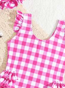 SHEIN Infant Swimsuit/Random Pattern/Baby Girls/Frilled Ruffle & Lock-Stitch-Free Design/One-Piece Swimsuit/Free Gift With Cap, For Christmas - Multicolor - View 3