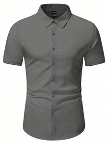 Manfinity Mode 男款夏季實色短袖鈕扣前襯衫 - 深灰色 - 查看 3