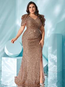UNITHORSE Plus Size V-Neck Sequin High Slit Design Mermaid Evening Dress, Elegant And Visually Elongating Leg Line, Party Dress, Wedding Guest Dress, Formal Dress, Bride Dress, Birthday Women Outfits, Graduation Dress,Gown