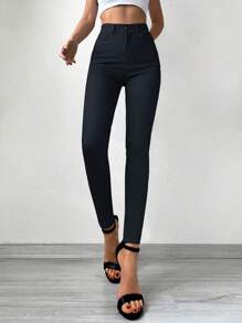 RueChic Solid Cropped Skinny Jeans Without Belt - Navy Blue - View 3