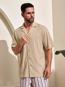 Genlund Camisa casual sólida de manga corta con textura para hombre, ideal para vacaciones - Amarillo - Ver 4