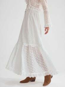 SHEIN Váy ren lưới thêu cạp cao phối viền màu phối bèo cho nữ - trắng - Xem 5