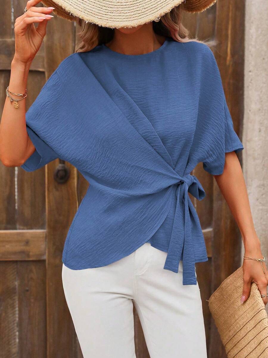 SHEIN LUNE Solid Color Batwing Sleeve Wrap Tie Shirt - Blue - View 1