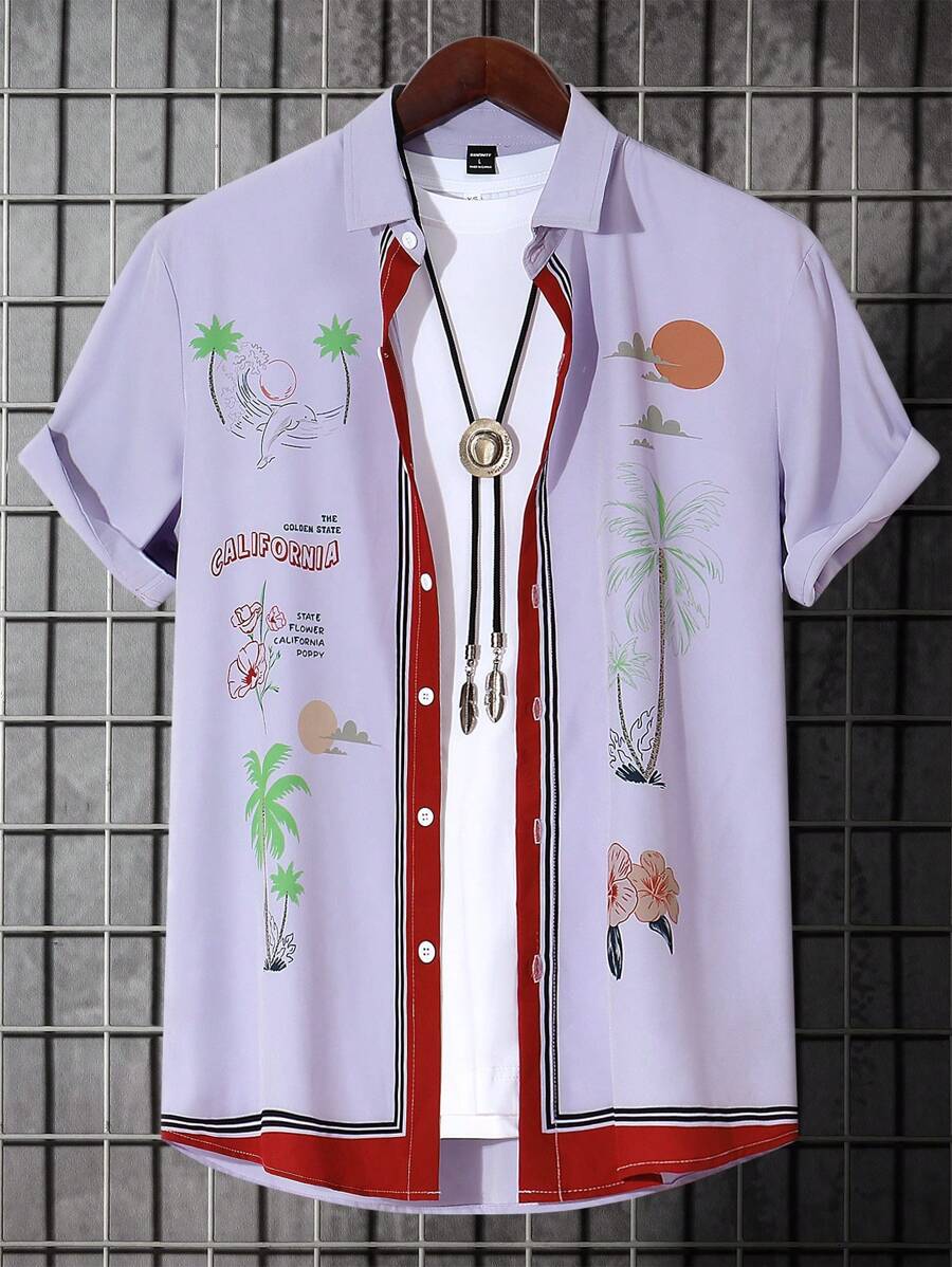 Genlund 男士纽扣印花条纹短袖休闲拼色领衬衫，适合度假 - 彩色 - 查看 1
