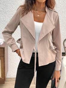 SHEIN Privé معطف من النوع الحديد الزهر مع رقبة صغيرة وياقة كبيرة، وخصر مشدود الحجم النسائي العادي للملابس الخارجية - كاكي - مشاهدة 3