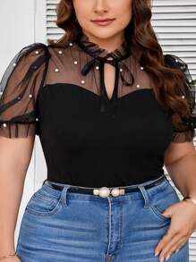SHEIN CURVE+ Áo thun lót mỏng Color Block size lớn, dành cho mùa hè - màu đen - Xem 1