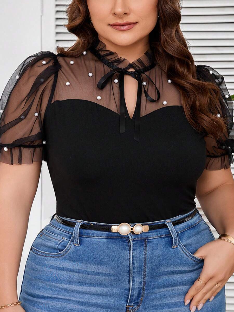 SHEIN CURVE+ Áo thun lót mỏng Color Block size lớn, dành cho mùa hè - màu đen - Xem 1