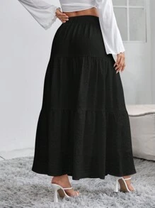 SHEIN PETITE 女款純色鬆軟褶邊休閒裙 - 黑色 - 查看 2