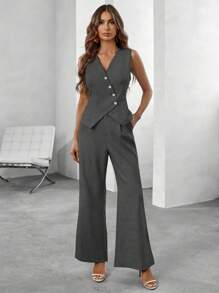 EMERY ROSE Button Front Vest Blazer & Wide Leg Pants - Dark Grey - View 3