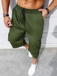 Manfinity Homme Plus Size Solid Color Cargo Style Style Capri Pants With Large Pockets For Summer - Army Green - View 4