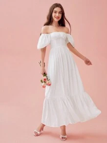 Enchnt Đầm tay phồng trễ vai mùa hè thanh lịch dành cho nữ - trắng - Xem 3