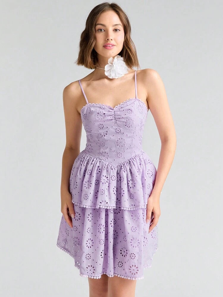 Romantic Summer Holiday White Cute Jacquard Ruffle Hem Cami Dress