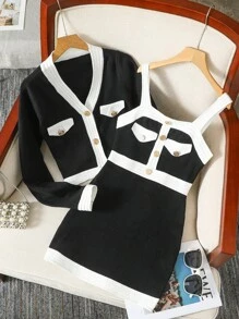 SHEIN Elegante, lässige Strickjacke mit Farbblock Design und gestricktem Camisole-Kleid für Teen Mädchen im Frühling und Herbst