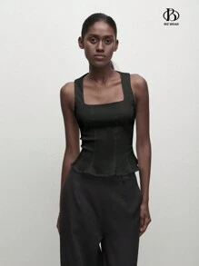 BizChic 女士弹力短款休闲上衣/吊带背心，浪漫优雅，百搭，商务休闲，办公室装，教师装，婚礼宾客装，秋季 - 黑色 - 查看 4