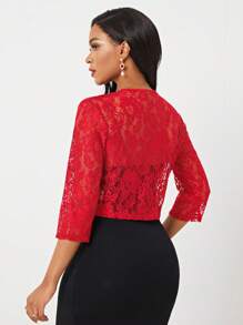 SHEIN Lady Open Front Lace Crop Jacket In Fall/Winter - Red - View 2