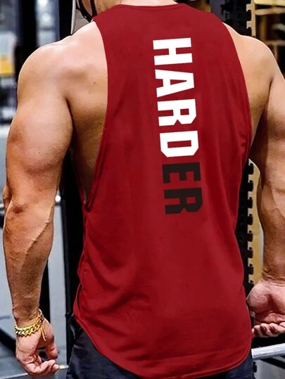 Manfinity Running 男士运动无袖运动 T 恤、背心 - 训练和健身房和健身落袖剪裁吸湿排汗、透气、快干字母印花图案红色常规剪裁面料圆领高弹力 - 男友风格男士休闲字母印花运动背心健身上衣健身房上衣圣诞节透气