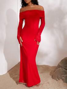 Opulessa Women's Elegant & Romantic Simple Off-Shoulder Split Hem Flare Sleeve Dress - Red - View 3