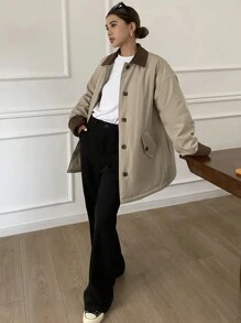 DAZY 女士撞色宽松长袖翻领口袋羽绒服，冬季女装，冬季外套