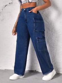 SHEIN SXY 高腰翻盖口袋工装男友风牛仔裤 - 深色水洗藍 - 查看 1