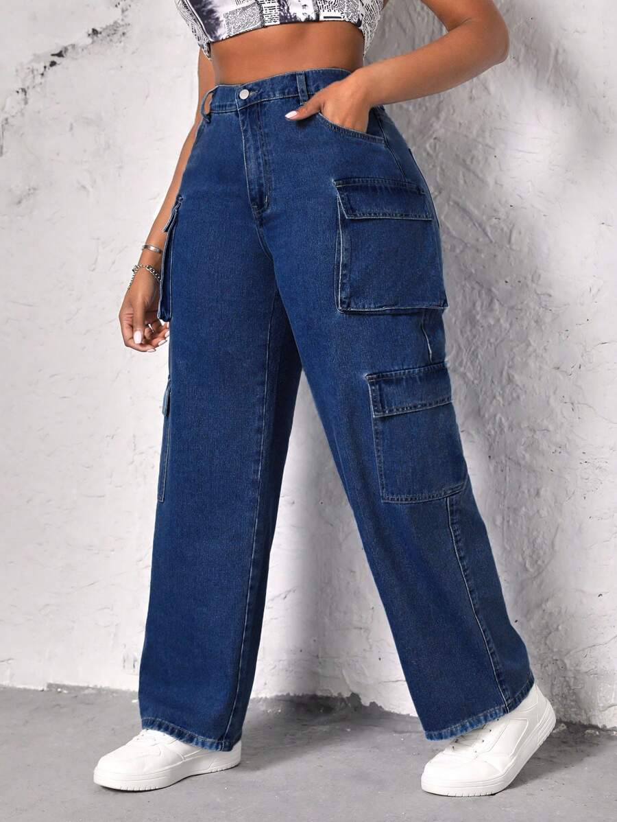 SHEIN SXY 高腰翻盖口袋工装男友风牛仔裤 - 深色水洗藍 - 查看 1