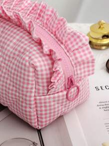 八角格纹化妆包，化妆工具收纳包，洗漱包，蝴蝶结图案化妆品整理洗漱包，荷叶边绗缝大容量化妆刷收纳包，送给女孩、女士、妈妈的礼物，蝴蝶结丝带洗漱包，荷叶边粉色格纹化妆包，手提化妆包，适合作为结婚礼物、伴娘礼物、生日礼物、圣诞礼物、朋友礼物 - 粉色 - 查看 6