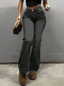 MYOURSA 高腰喇叭牛仔裤，女士弹力靴型裤，Y2K街头风休闲复古时尚，灰色 - 灰色 - 查看 3