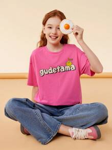 Gudetama X SHEIN Tween Girls' Cartoon Printed Pink Casual Short Sleeve T-Shirt, Cute And Lively