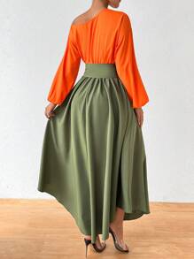 Chiquease 女士露肩拼色休闲节日连衣裙长款女装 - 綠色 - 查看 2