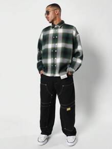 SUMWON St. Patrick's Day Flannel Plaid Button Down Shirt Herringbone Pattern Casual Streetwear Lucky Charm Shamrock Green Winter Outerwear Irish-Themed Holiday Apparel