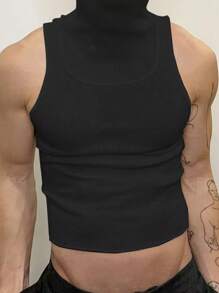 男士高領無袖純色針織運動時尚背心，適用於戶外活動