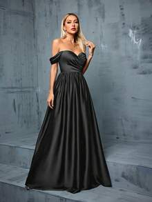 Asymmetrical Crossed & Pleated Satin Dress With Off Shoulder - Black - View 4