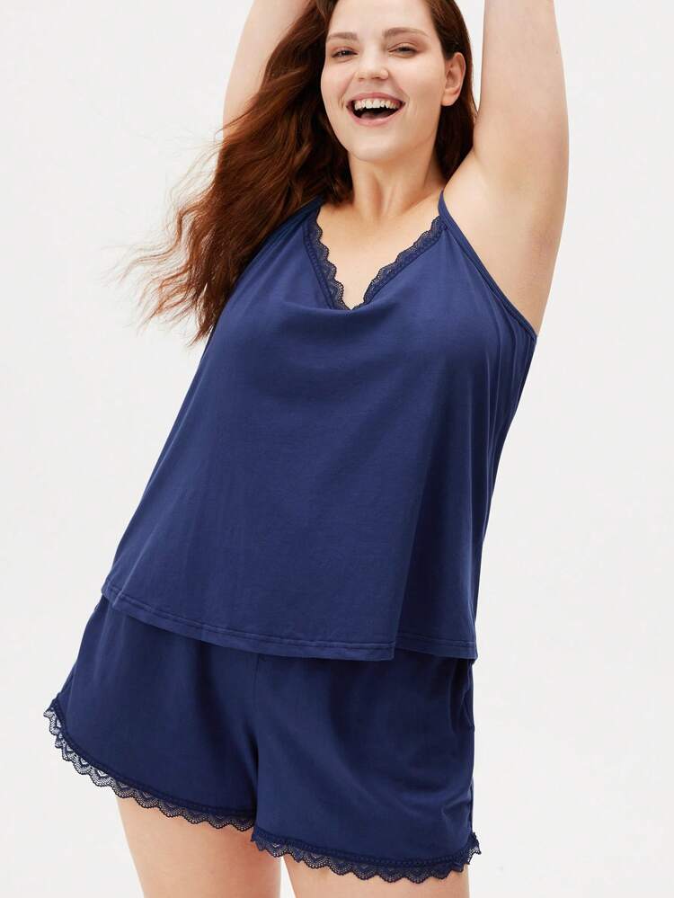 Conjunto de Pijamas de Verão Plus Size para Mulheres em Algodão Macio Azul Marinho, Conjunto de Camiseta com Renda e Shorts, Conjunto de Loungewear, Conjunto de Lingerie e Pijamas Combinados em Algodão