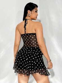SHEIN ICON Plus Size Polka Dot Print Halterneck Vest And Mesh Polka Dot Skirt Set - Black and White - View 6