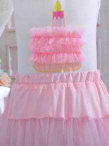 Tween Girls Cake Print Contrast Mesh Hem Tank Top & Tutu Skirt - Pink - View 4