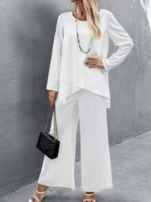 SHEIN Clasi Ladies' Plain And Simple Daily Wear Two-Piece Set With Long Sleeve Top And Pants - White - View 4