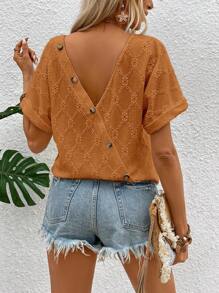 Breezaya 女式純色空心刺繡背後鈕扣T恤，適用於度假和休閒 - 棕色 - 查看 1