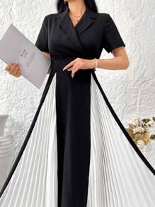 Modelyn 女士拼色包裹式腰帶百褶連衣裙