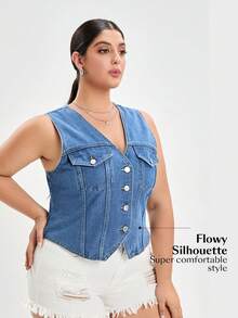 Chaleco de mezclilla azul con botones frontales y detalle de solapa para tallas grandes - Azul lavado medio - Ver 3
