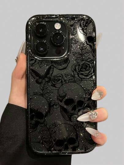 Goth 1pc Dark Rose Pattern Skull Glitter Phone Case
