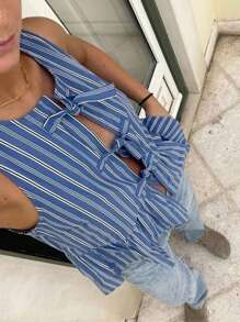 INAWLY Camiseta sin mangas para mujer con estampado de rayas y decoración de lazo - Multicolor - Ver 1