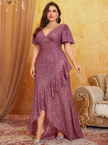 UNITHORSE Plus Size Front & Back V-Neck Flare Sleeve Uneven Ruffle Hem Elegant Glitter Formal Dress, Party Dress, Wedding Guest Dress, Evening Dress, Bride Dress, Birthday Women Outfits, Graduation Dress, Formal Dress,Gown - Dusty Pink - View 1